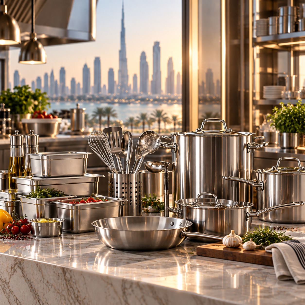 Heavy-duty commercial stainless steel cookware on a dark stone countertop