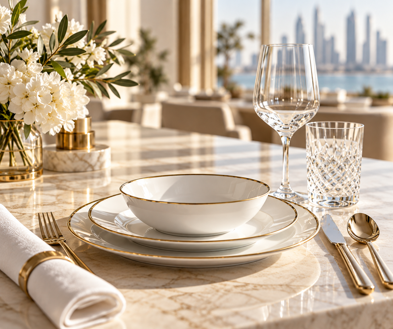 White porcelain plates and bowls arranged on a restaurant table