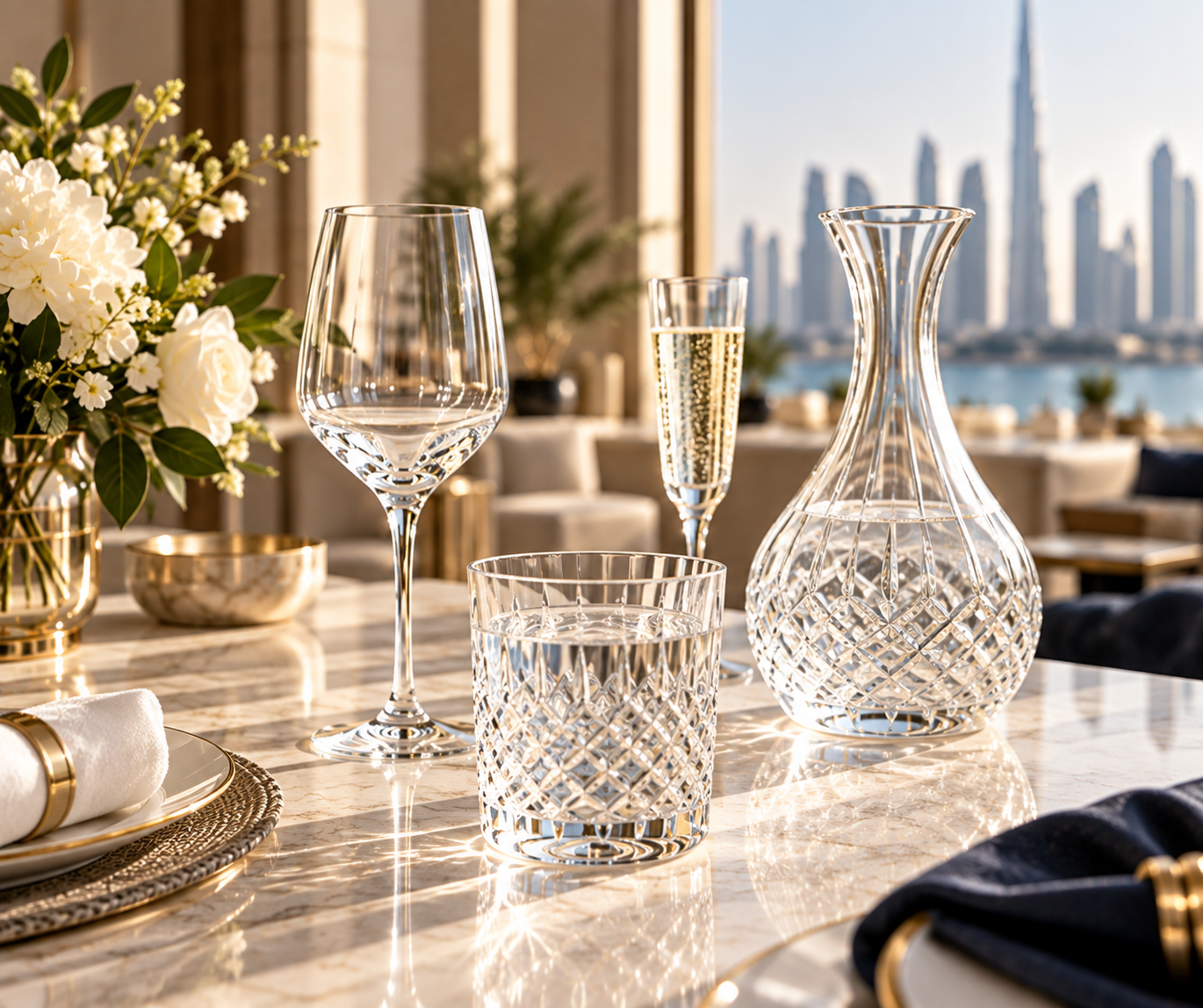 Crystal tumblers and wine glasses set on a hotel bar table