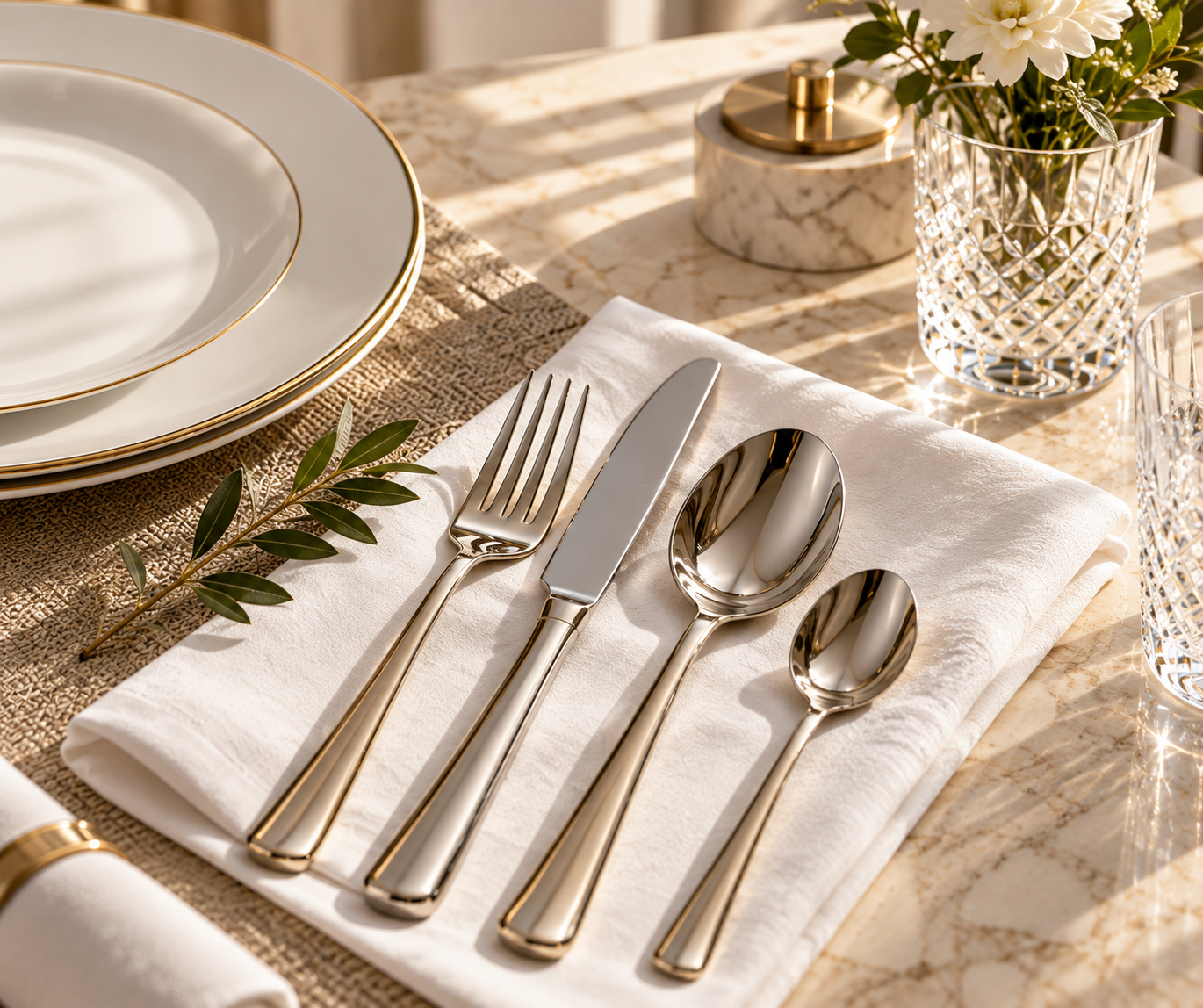 Stainless steel cutlery set on a dining table